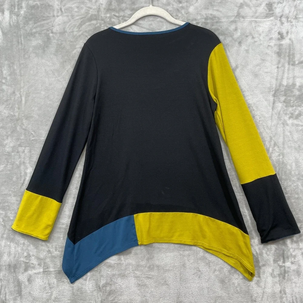 Lisa Bayne Color Block Tunic Top Size S Stretch Black Blue Mustard long‎ sleeve
